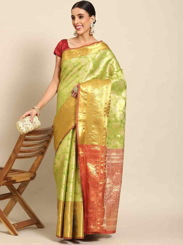 Green Art Silk Woven Zari Design Floral Saree with Unstitched Blouse - Hiral Fashion