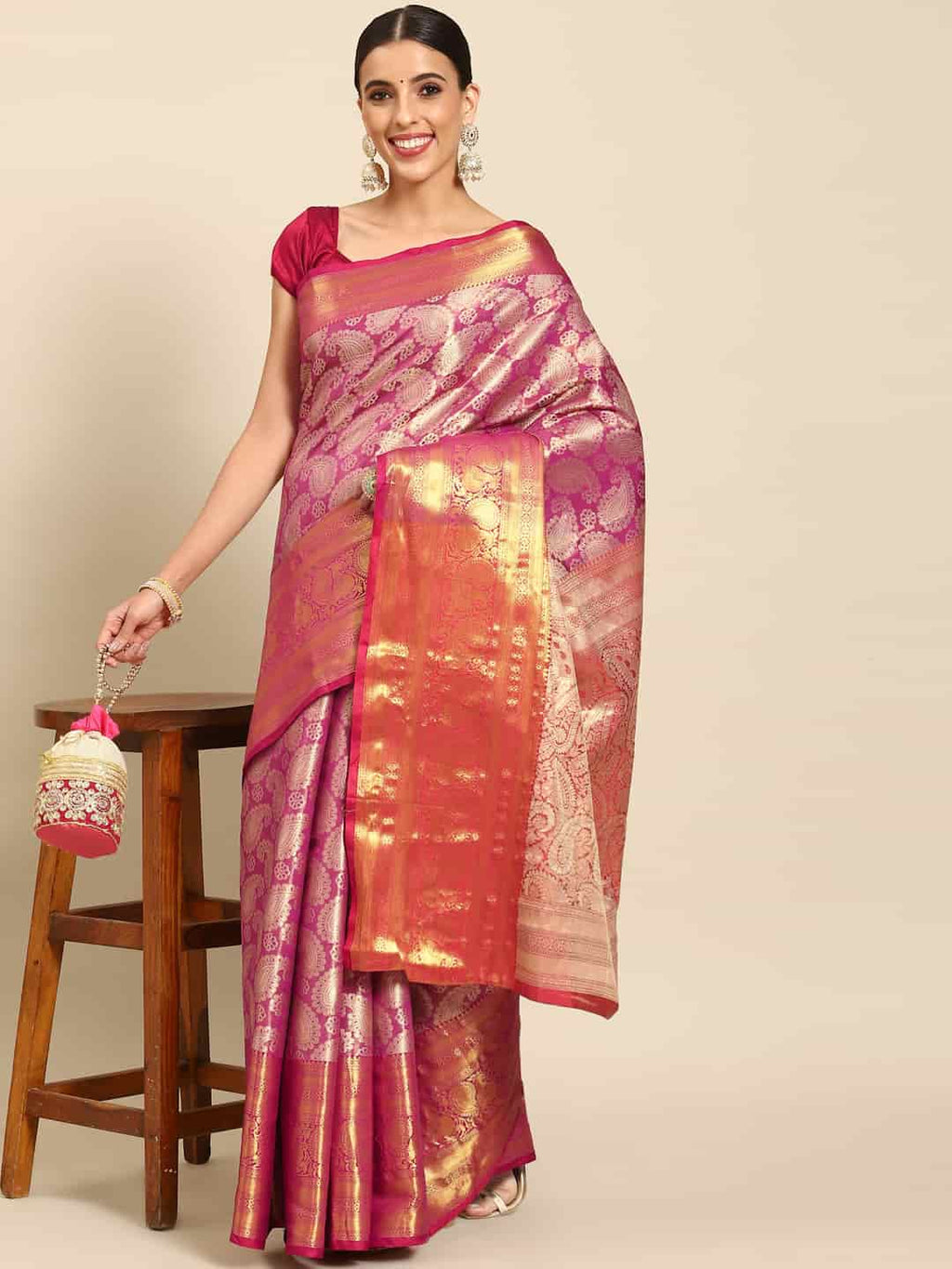 Pink Art Silk Woven Zari Design Floral Saree with Unstitched Blouse - Hiral Fashion