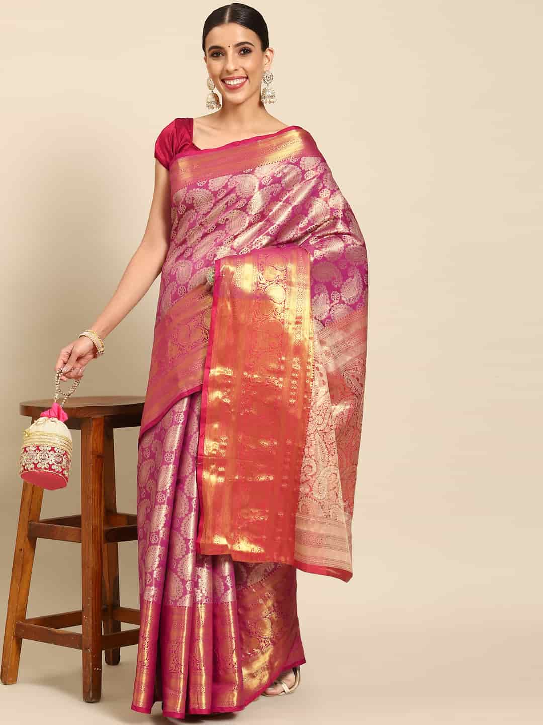 Pink Art Silk Woven Zari Design Floral Saree with Unstitched Blouse - Hiral Fashion