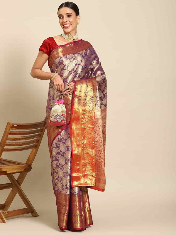 Purple Art Silk Woven Zari Design Floral Saree with Unstitched Blouse - Hiral Fashion