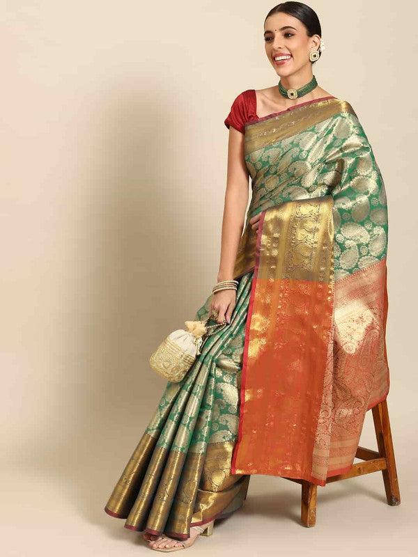 Turquoise Art Silk Woven Zari Design Floral Saree with Unstitched Blouse - Hiral Fashion