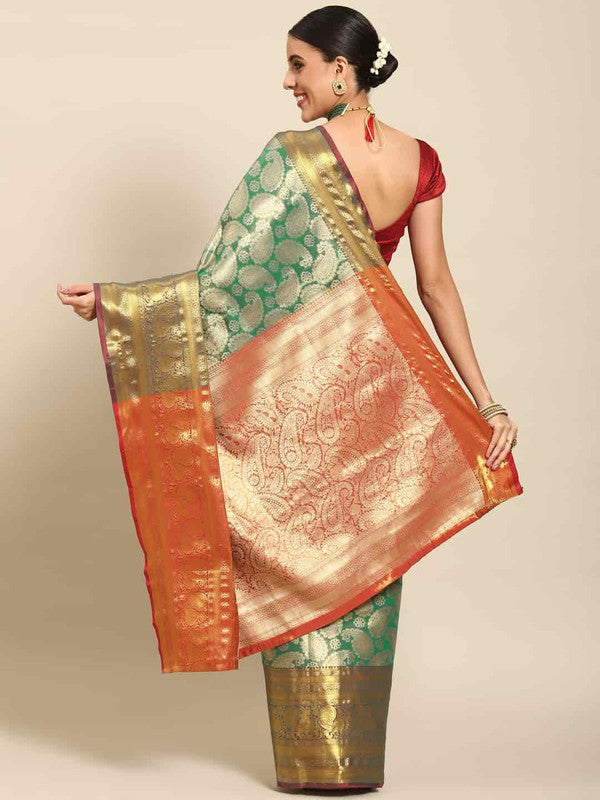 Turquoise Art Silk Woven Zari Design Floral Saree with Unstitched Blouse - Hiral Fashion