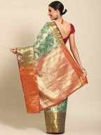 Turquoise Art Silk Woven Zari Design Floral Saree with Unstitched Blouse - Hiral Fashion