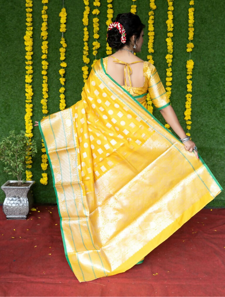 Jyoti Fashion Women's Yellow Soft Handloom Silk Zari Woven Saree with Blouse