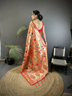 Joban Fashion Pastel Red Floral & Bird Motifs Soft Silk Paithani Saree - Distacart