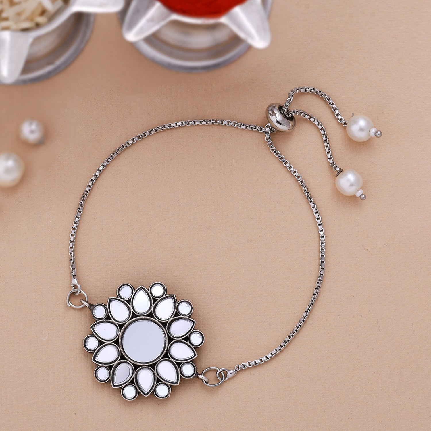 trueBrowns X Voylla Kundan Embedded Silver Toned Bracelet Style Rakhi - Distacart
