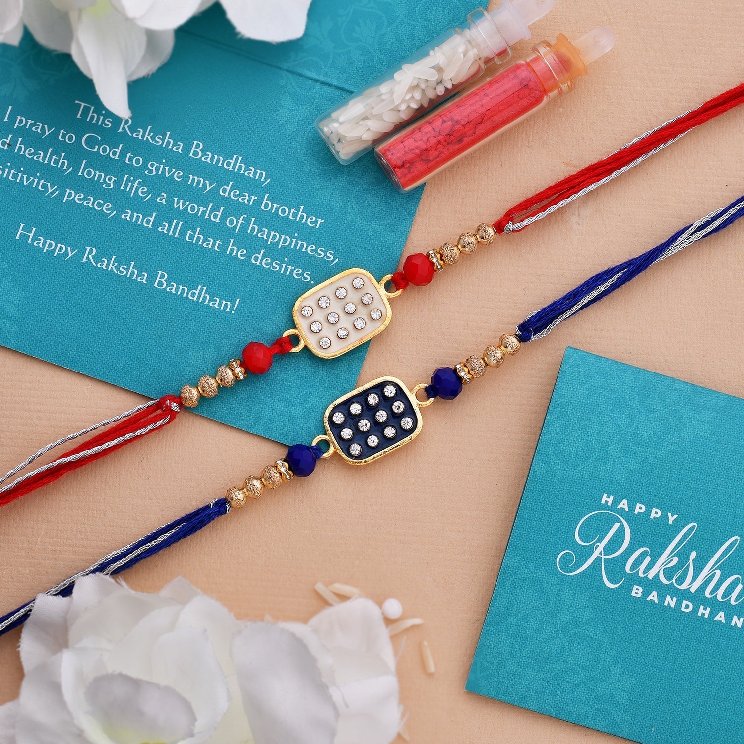 trueBrowns X Voylla Set of 2 Rectangle CZ Embellished Thread Rakhi - Distacart