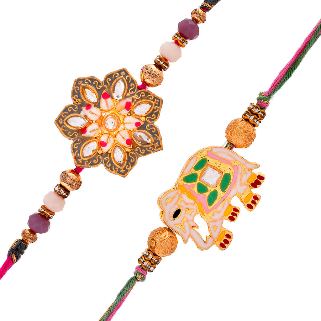 trueBrowns X Voylla Pack of 2 Meenakari Kundan Floral And Elephant Rakhi - Distacart