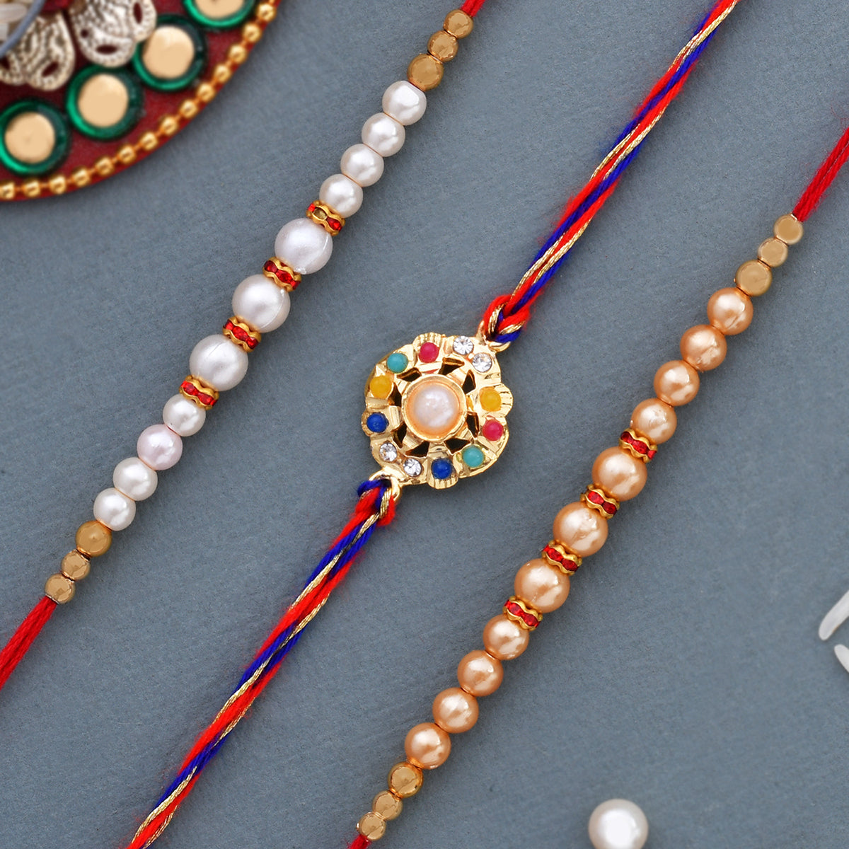 trueBrowns X Voylla Set of 3 Pearl Beads Studded Thread Rakhi - Distacart