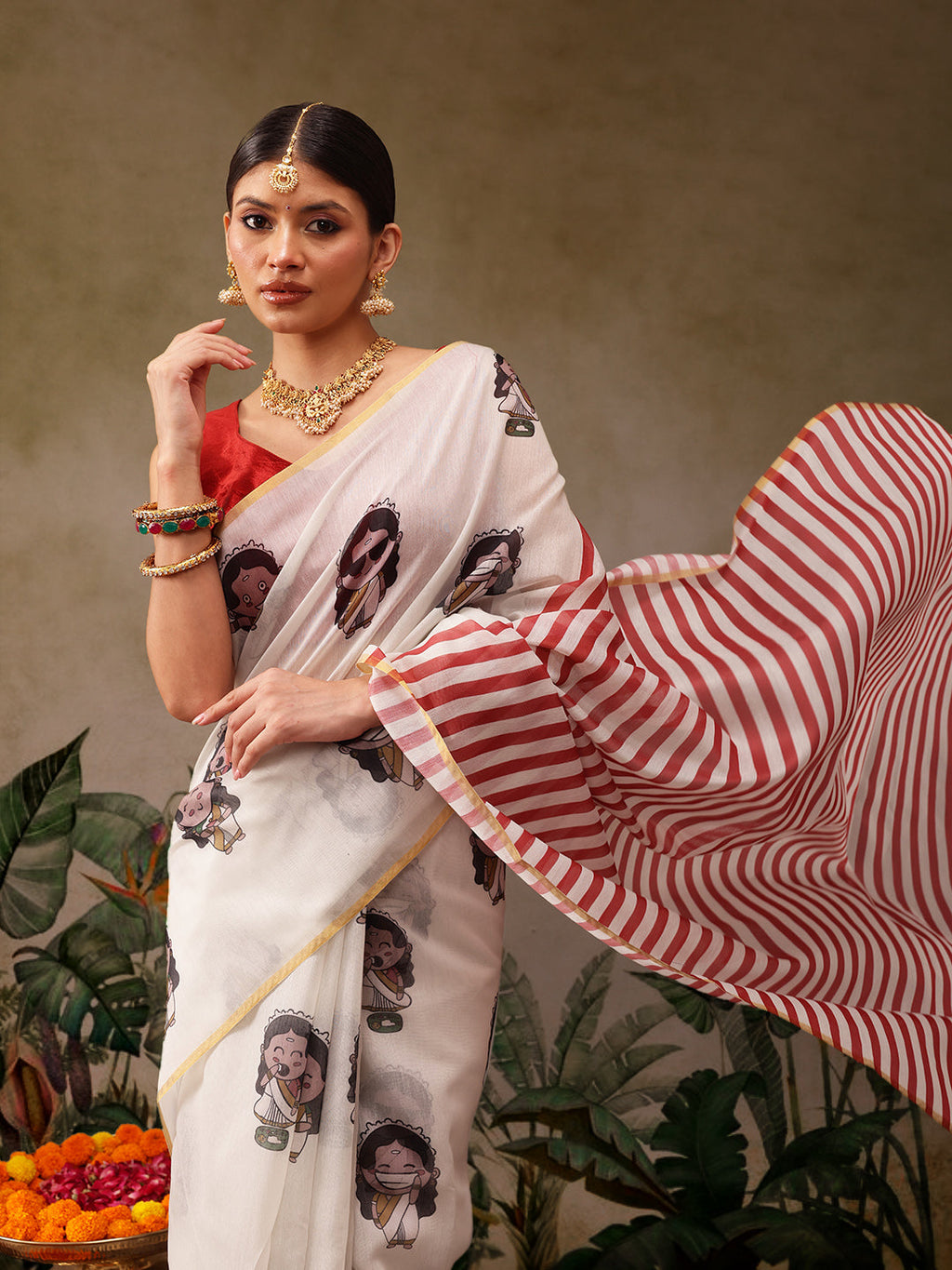 Hiral Fashion Beige Chanderi Cotton Blend Abstract Digital Print Saree