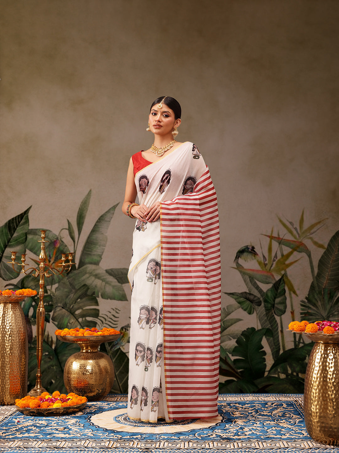Hiral Fashion Beige Chanderi Cotton Blend Abstract Digital Print Saree