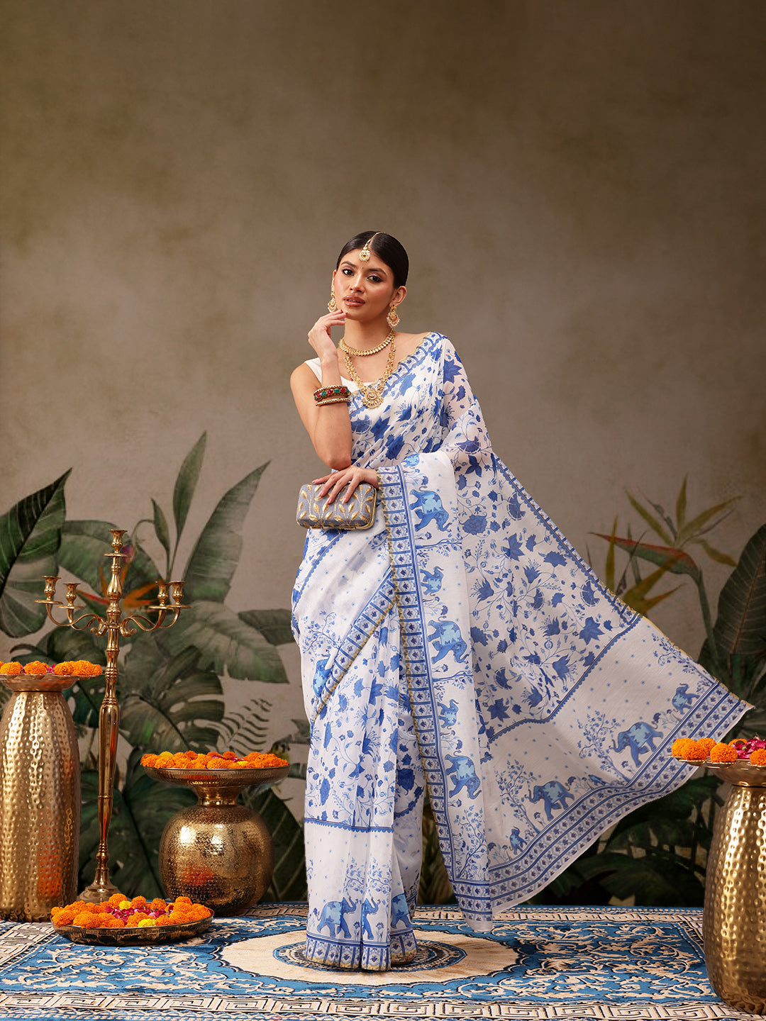 Hiral Fashion White Chanderi Cotton Blend Floral Digital Print Saree