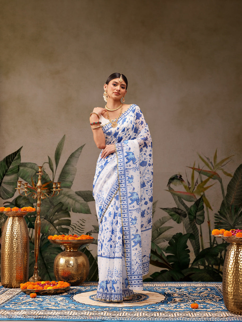 Hiral Fashion White Chanderi Cotton Blend Floral Digital Print Saree