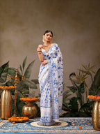 Hiral Fashion White Chanderi Cotton Blend Floral Digital Print Saree