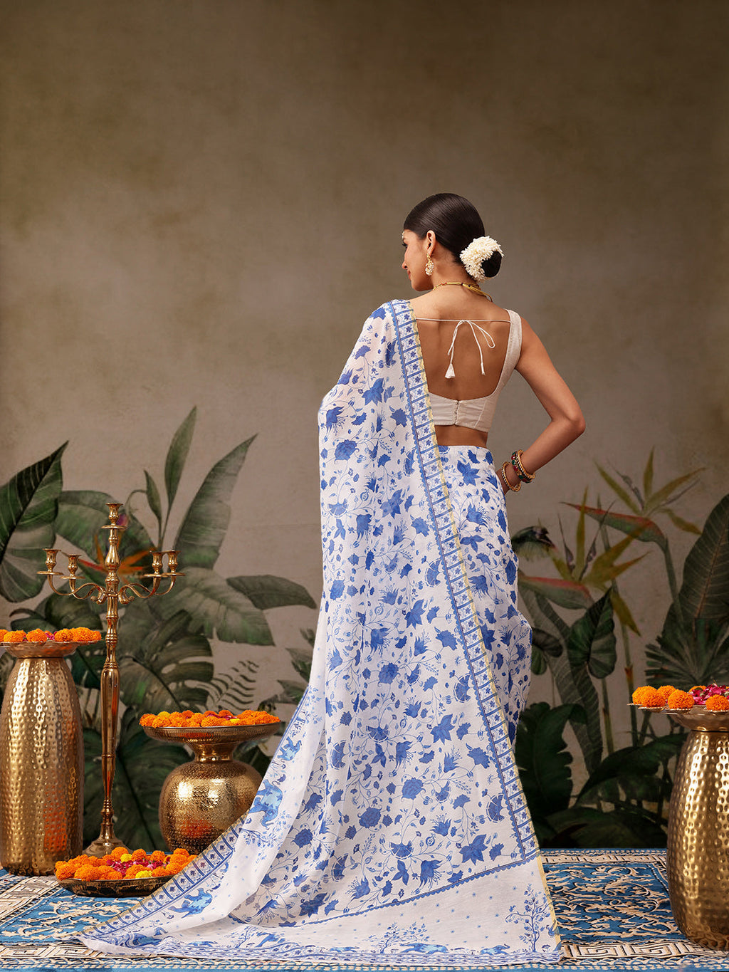 Hiral Fashion White Chanderi Cotton Blend Floral Digital Print Saree