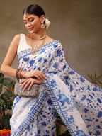 Hiral Fashion White Chanderi Cotton Blend Floral Digital Print Saree