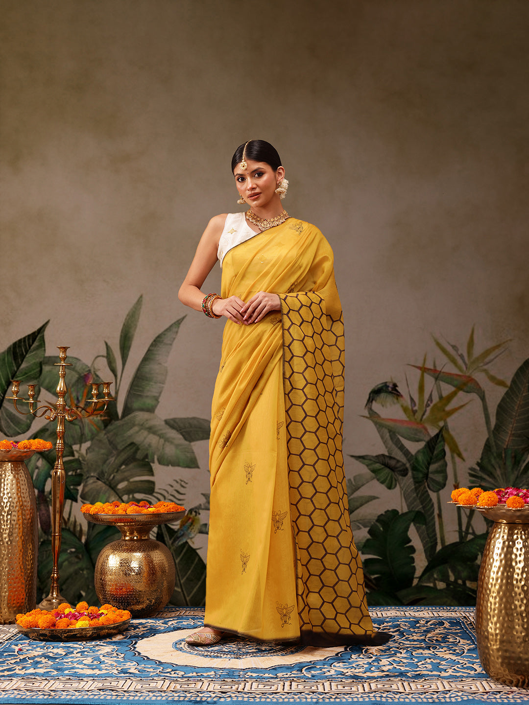 Hiral Fashion Yellow Chanderi Cotton Blend Animal Digital Print Saree