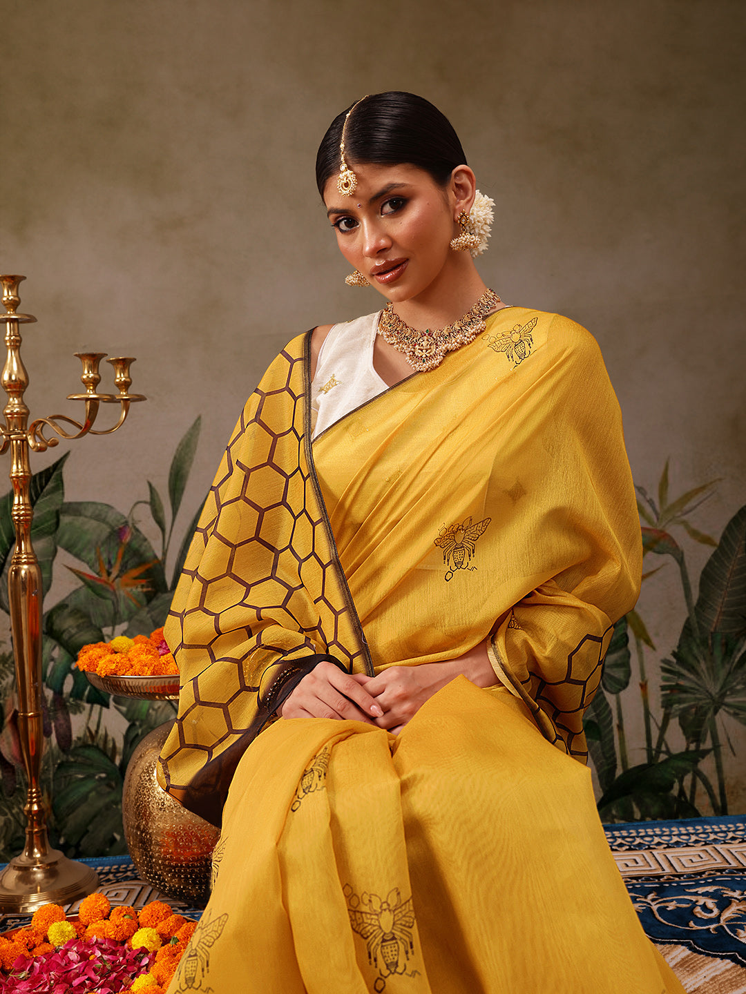 Hiral Fashion Yellow Chanderi Cotton Blend Animal Digital Print Saree