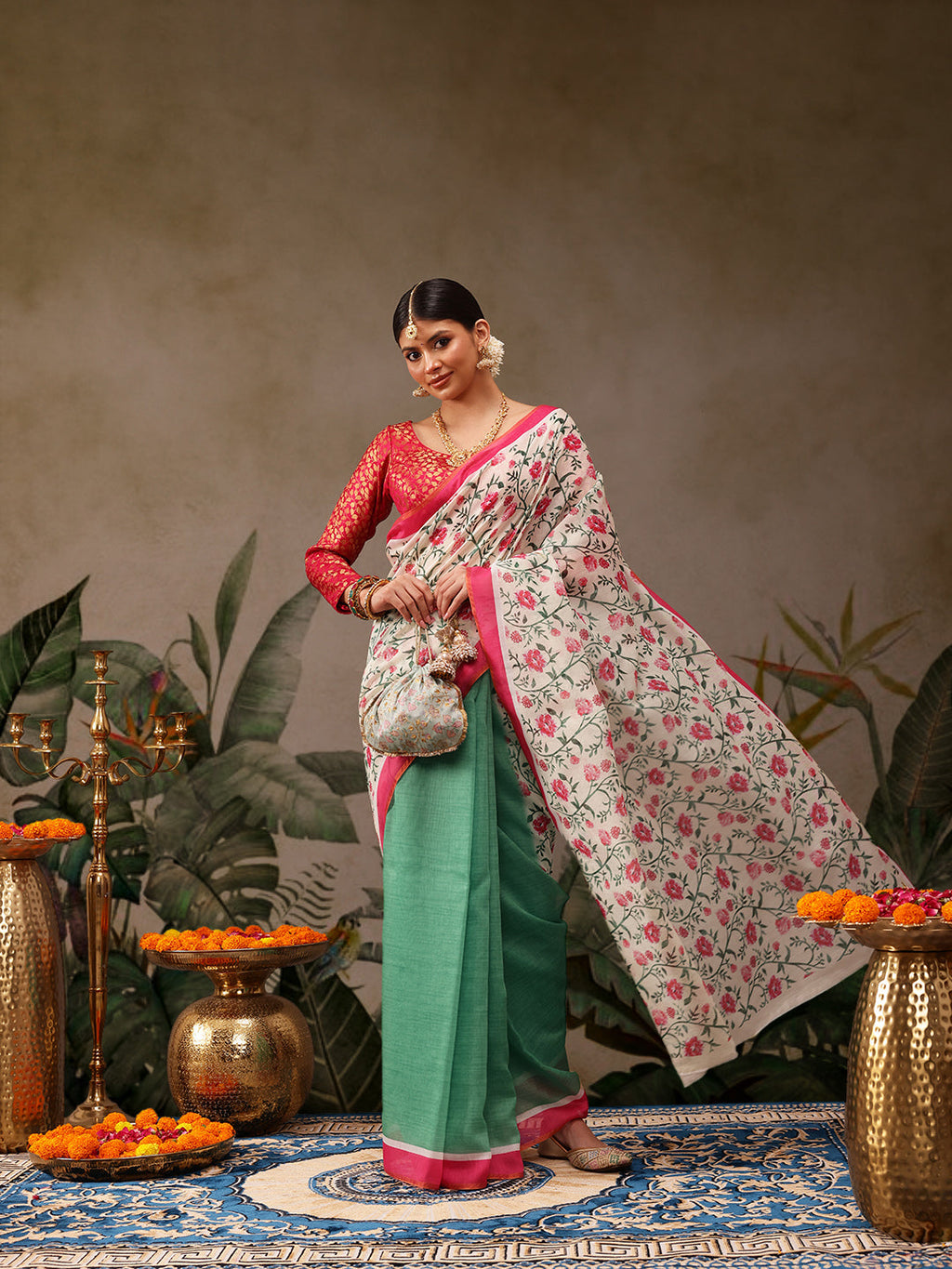 Hiral Fashion Green Chanderi Cotton Blend Floral Digital Print Saree