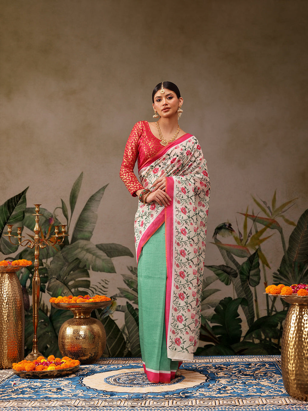 Hiral Fashion Green Chanderi Cotton Blend Floral Digital Print Saree