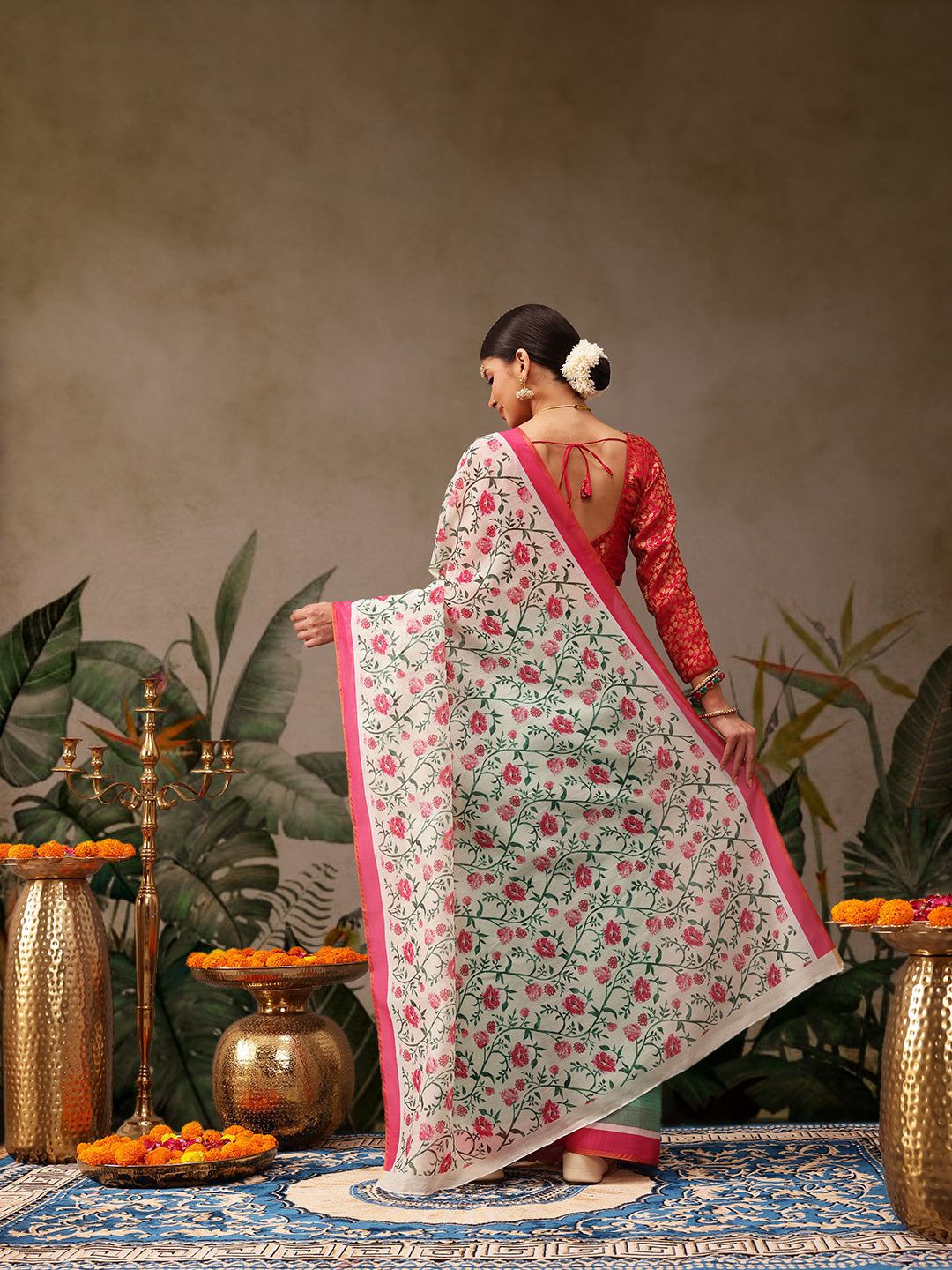 Hiral Fashion Green Chanderi Cotton Blend Floral Digital Print Saree