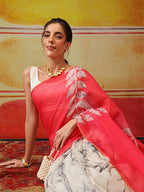Hiral Fashion White Chanderi Cotton Blend Abstract Digital Printed Saree