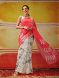 Hiral Fashion White Chanderi Cotton Blend Abstract Digital Printed Saree