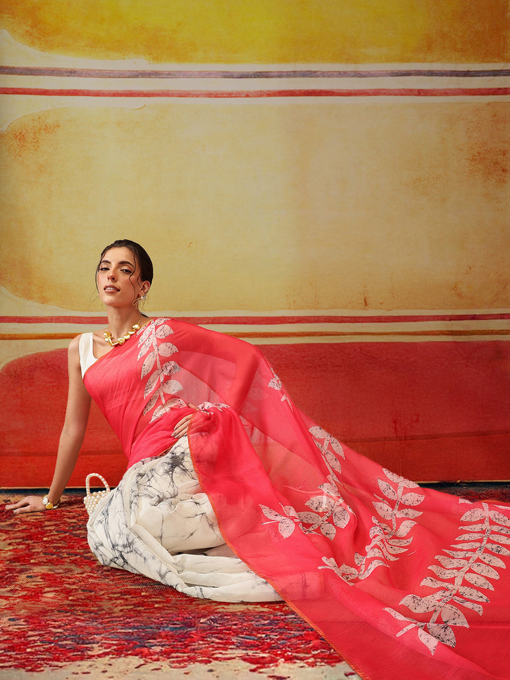 Hiral Fashion White Chanderi Cotton Blend Abstract Digital Printed Saree