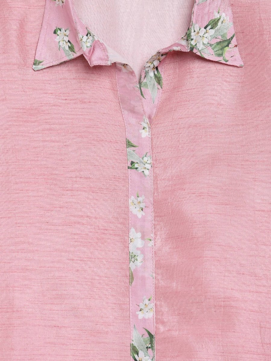Ahalyaa Pink Poly Silk Solid Kids Kurta with Printed Pant Set For Girls