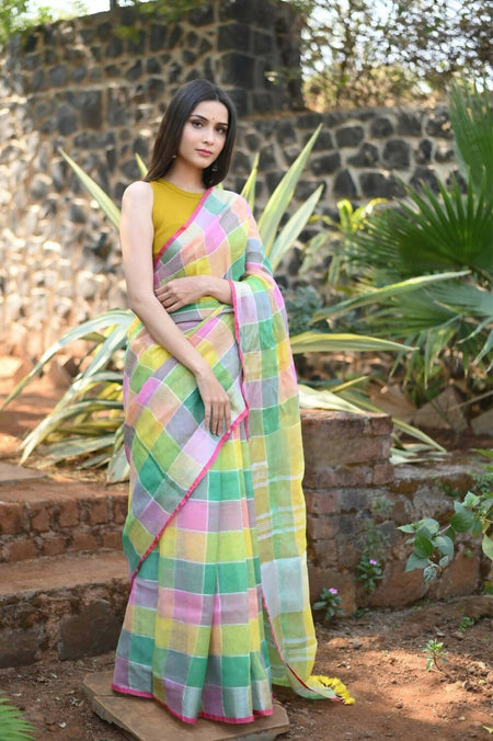 Very Much Indian Pure Linen Saree With Sleek Border And Exclusive Design - Beige