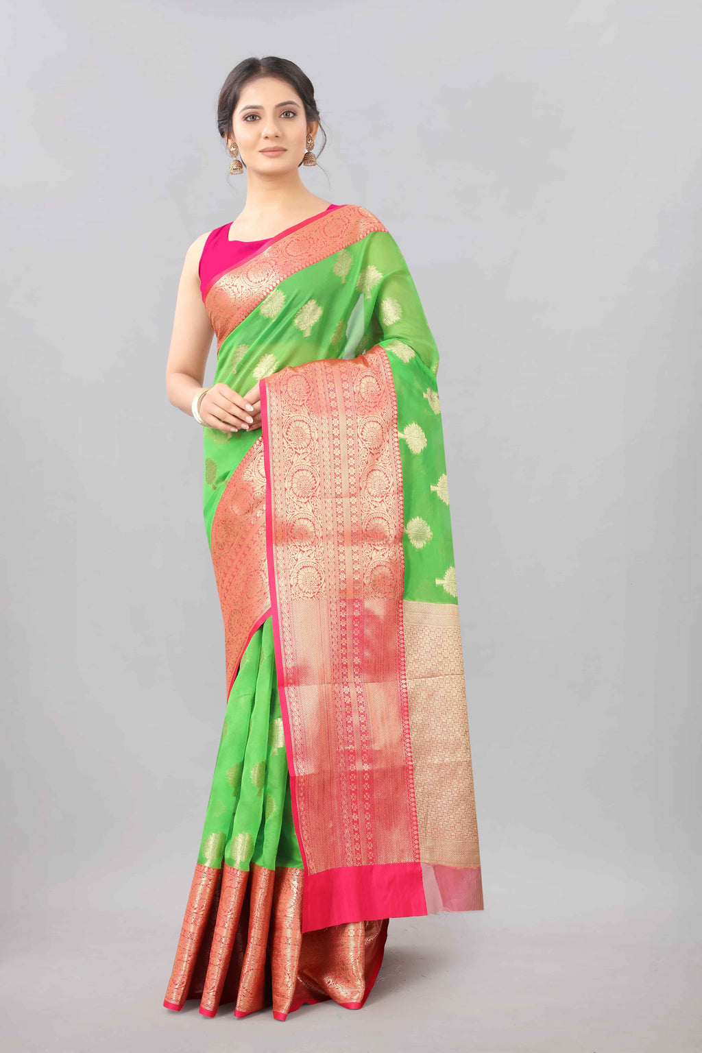 Hiral Fashion Green Banarasi Silk Blend Floral Woven Design Saree