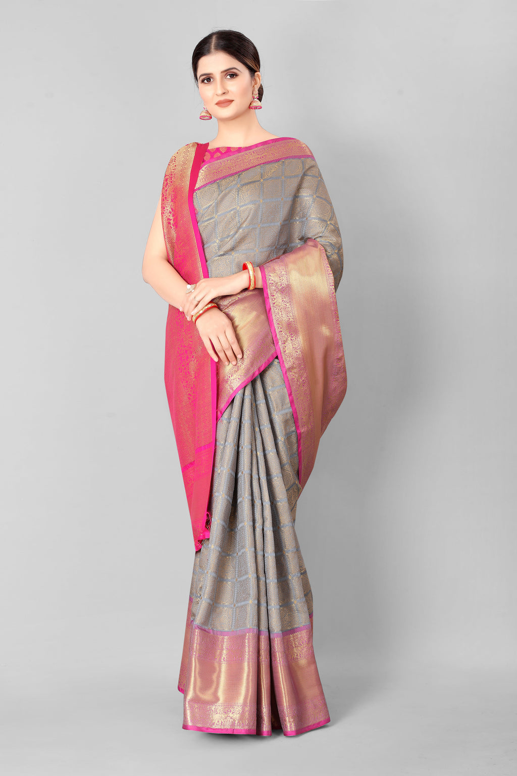 Hiral Fashion Grey Banarasi Silk Blend Geomatric Woven Design Saree