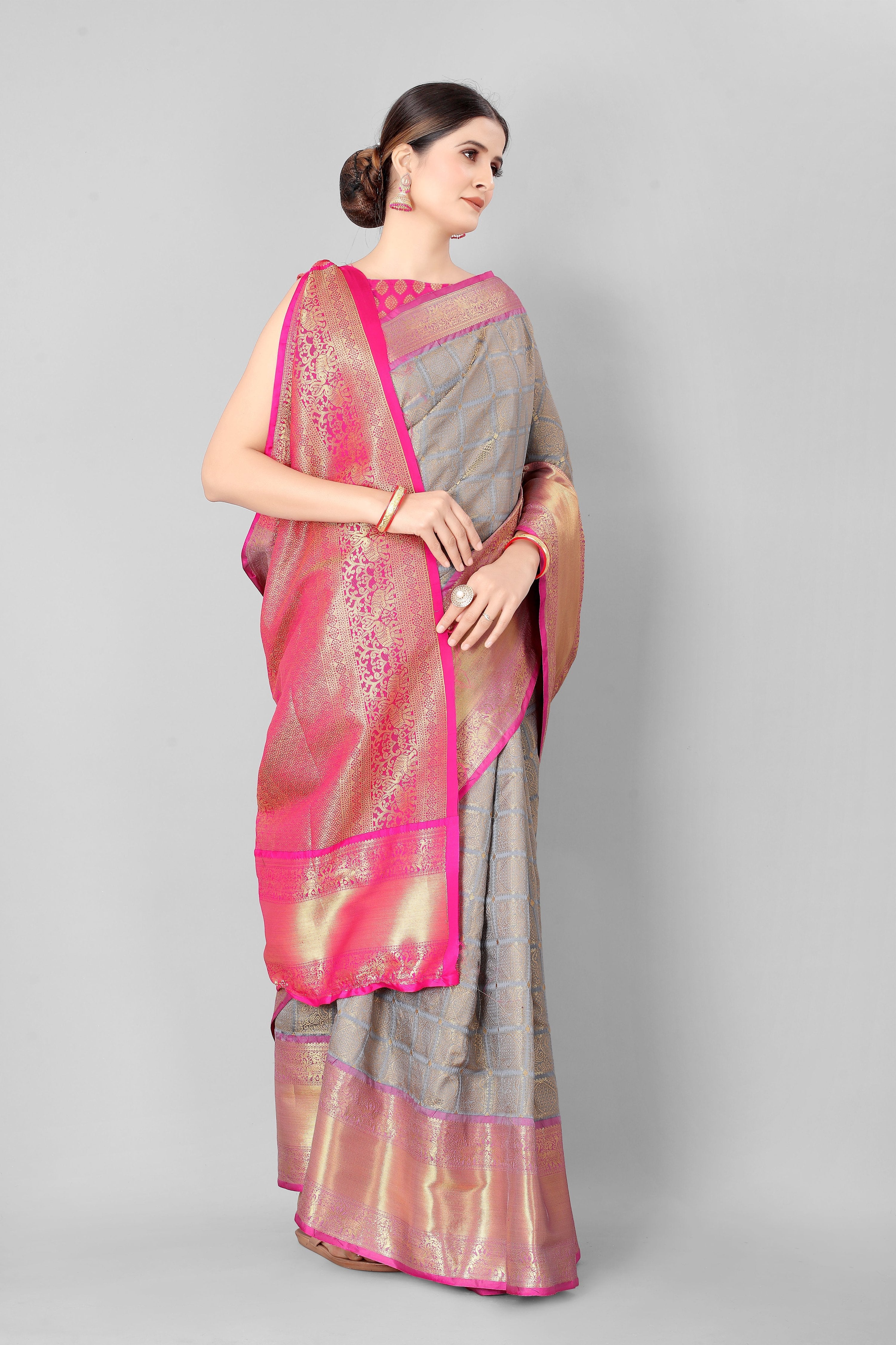 Hiral Fashion Grey Banarasi Silk Blend Geomatric Woven Design Saree