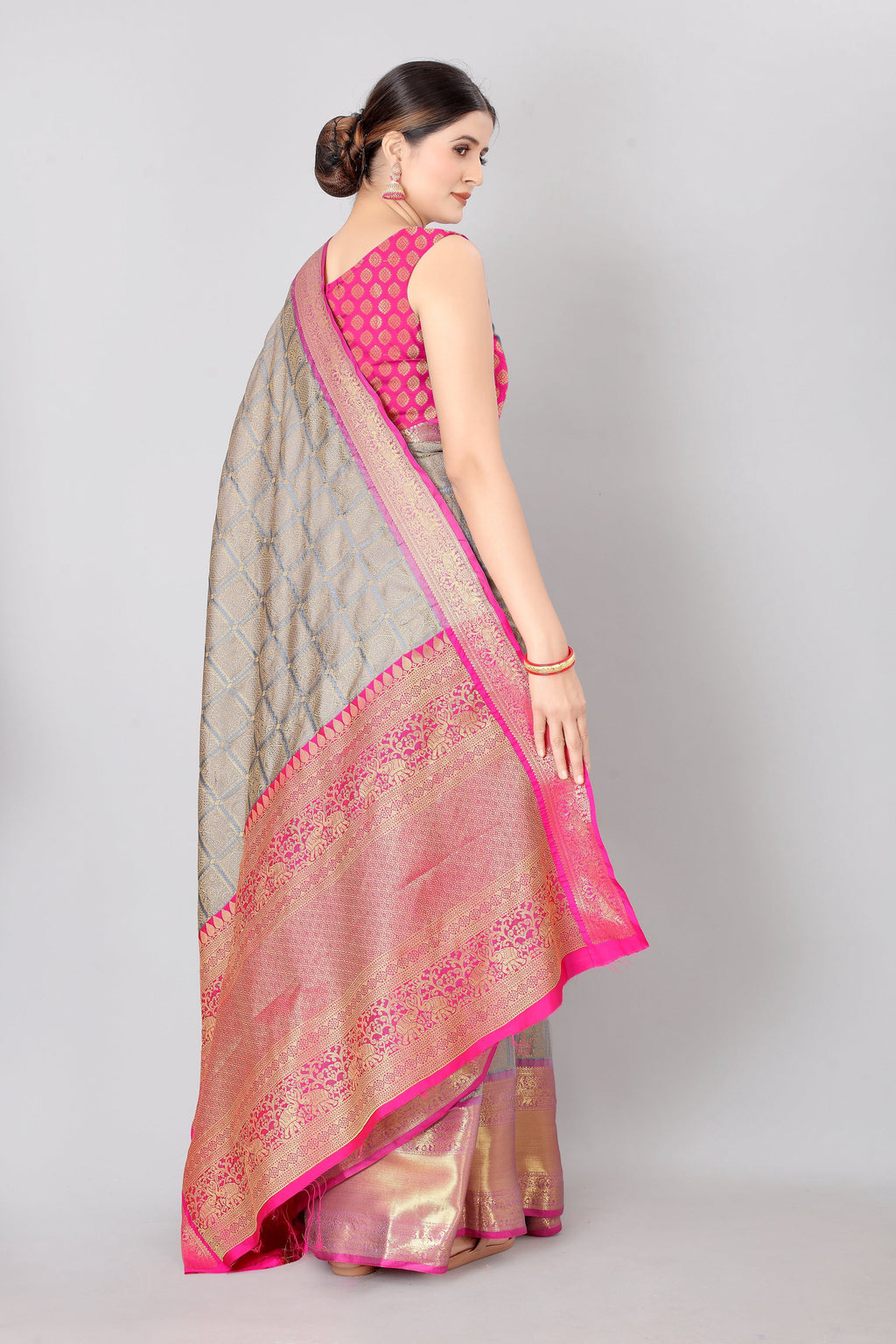 Hiral Fashion Grey Banarasi Silk Blend Geomatric Woven Design Saree
