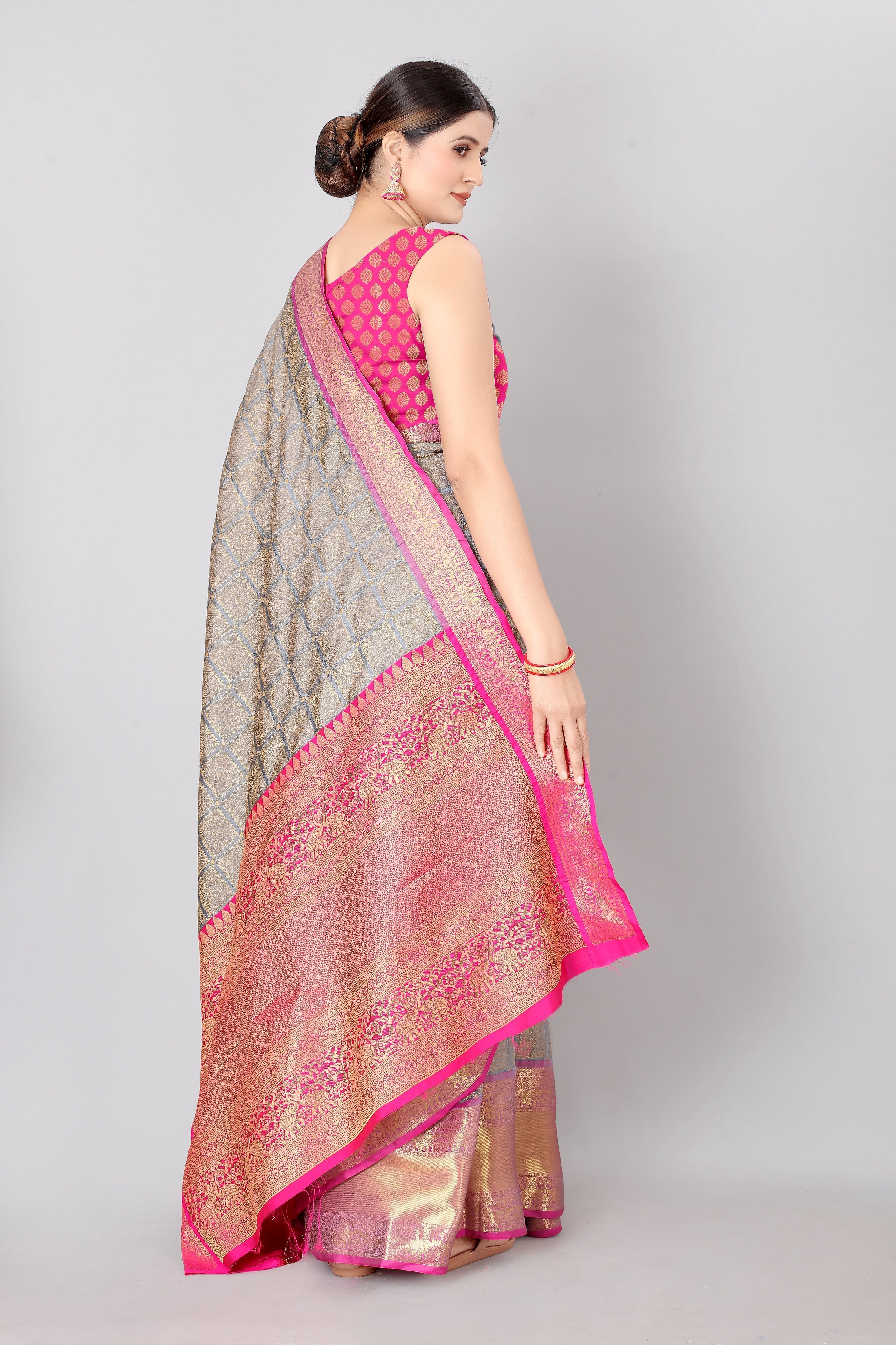 Hiral Fashion Grey Banarasi Silk Blend Geomatric Woven Design Saree
