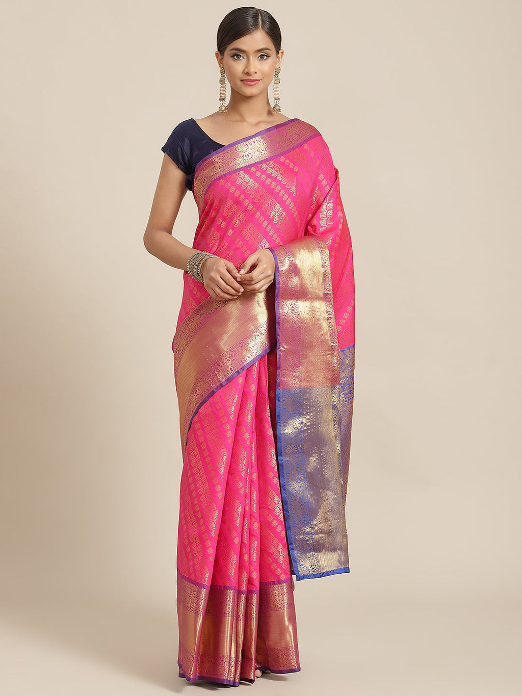 Hiral Fashion Pink Banarasi Silk Blend Abstract Woven Design Saree