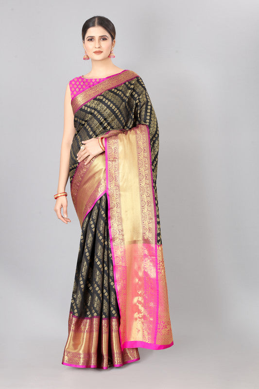 Olive Banarasi Silk Woven Zari Design Striped Saree with Unstitched Blouse - Hiral Fashion