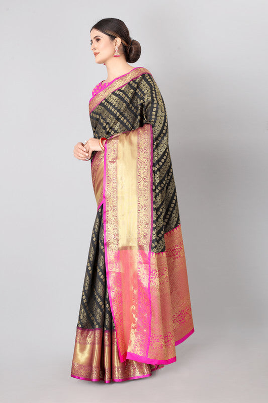 Olive Banarasi Silk Woven Zari Design Striped Saree with Unstitched Blouse - Hiral Fashion