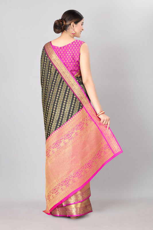 Olive Banarasi Silk Woven Zari Design Striped Saree with Unstitched Blouse - Hiral Fashion