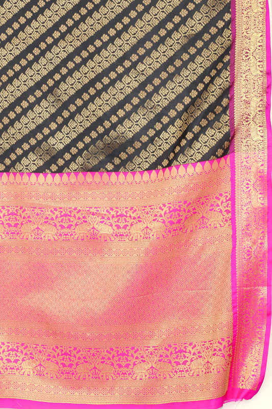 Olive Banarasi Silk Woven Zari Design Striped Saree with Unstitched Blouse - Hiral Fashion