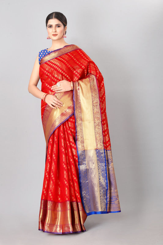 Red Silk Blend Woven Zari Design Abstract Saree with Unstitched Blouse - Hiral Fashion