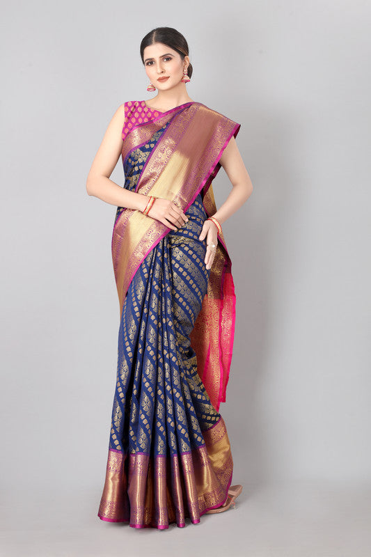 Navy Blue Banarasi Silk Woven Zari Design Striped Saree with Unstitched Blouse - Hiral Fashion