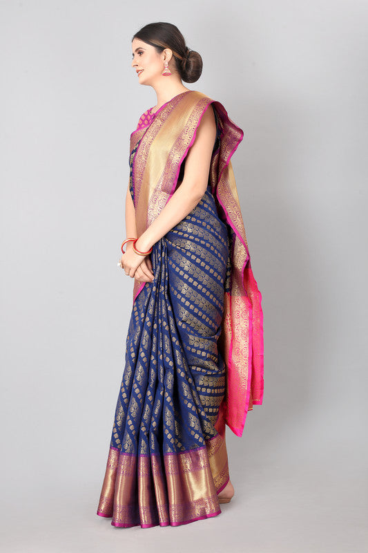 Navy Blue Banarasi Silk Woven Zari Design Striped Saree with Unstitched Blouse - Hiral Fashion