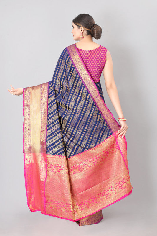 Navy Blue Banarasi Silk Woven Zari Design Striped Saree with Unstitched Blouse - Hiral Fashion