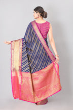 Navy Blue Banarasi Silk Woven Zari Design Striped Saree with Unstitched Blouse - Hiral Fashion