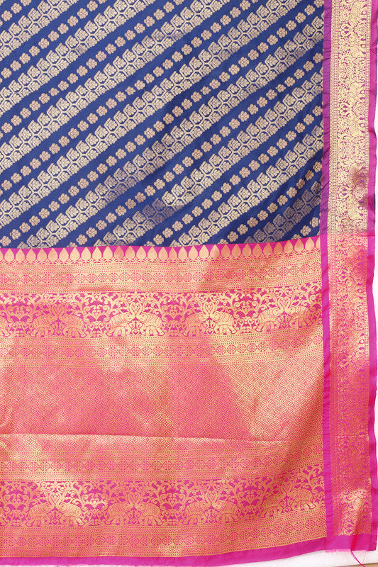 Navy Blue Banarasi Silk Woven Zari Design Striped Saree with Unstitched Blouse - Hiral Fashion