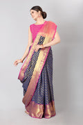 Navy Blue Silk Blend Woven Zari Design Striped Saree with Unstitched Blouse - Hiral Fashion
