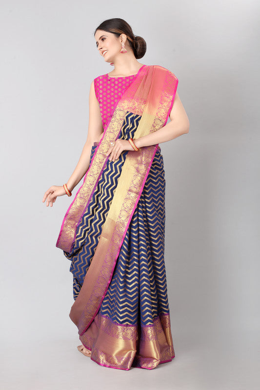Navy Blue Silk Blend Woven Zari Design Striped Saree with Unstitched Blouse - Hiral Fashion