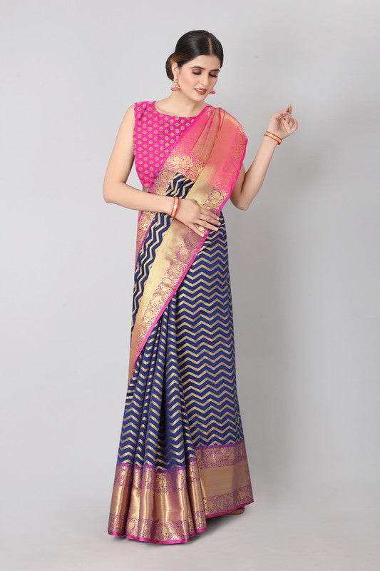 Navy Blue Silk Blend Woven Zari Design Striped Saree with Unstitched Blouse - Hiral Fashion