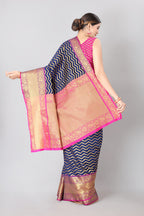 Navy Blue Silk Blend Woven Zari Design Striped Saree with Unstitched Blouse - Hiral Fashion